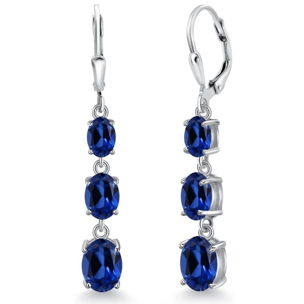 925 Sterling Silver with 6.40 Cttw 3 Stone Royal Blue Sapphire Drop Earrings